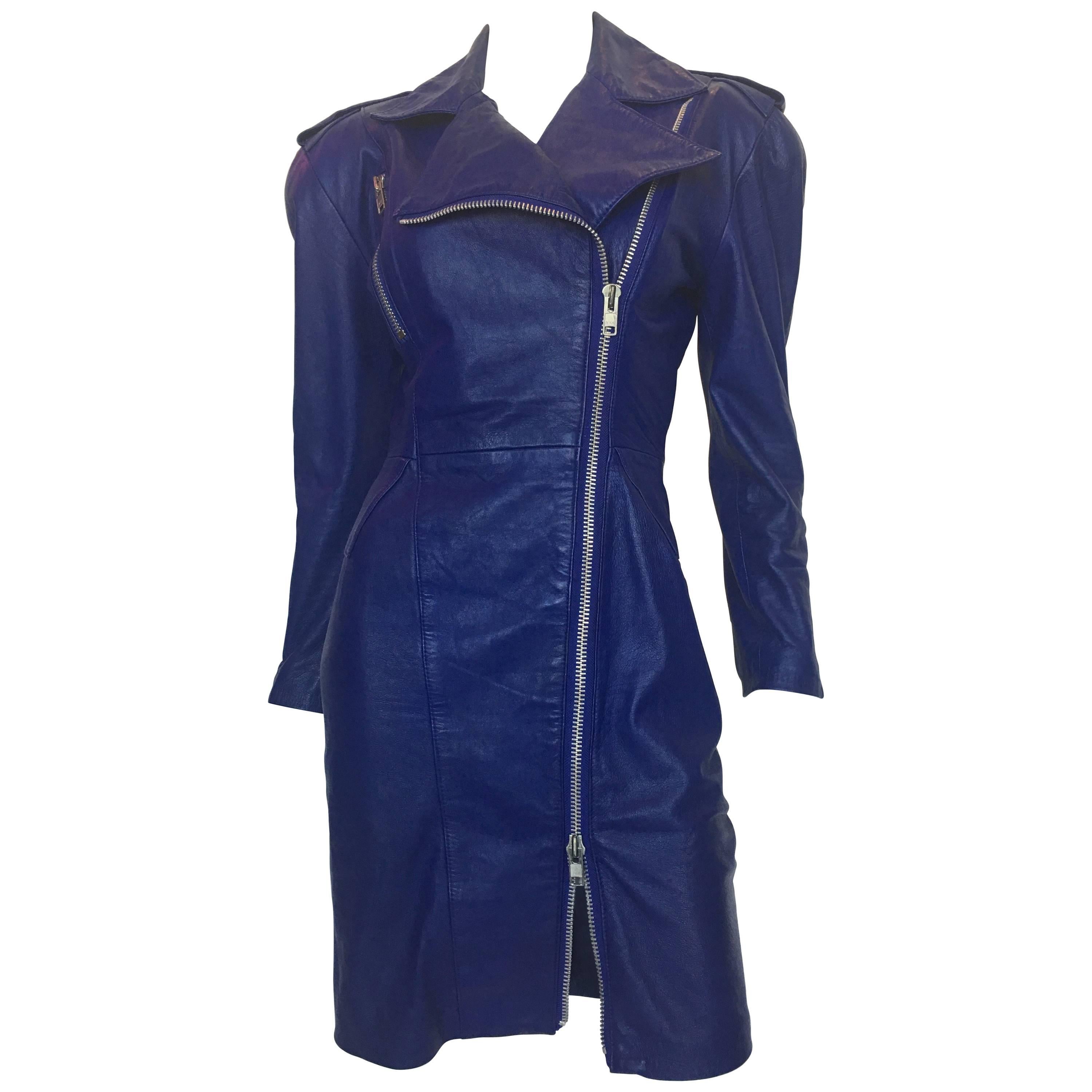 Michael Hoban North Beach Leather Purple / Blue Moto Dress with Zippers, 1980s  For Sale
