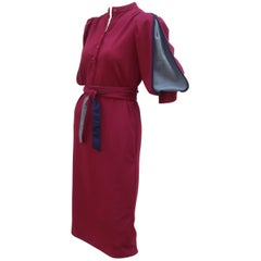 Vintage 1970s Burgundy, Blue & Gray Wool Knit Dress With Balloon Sleeves