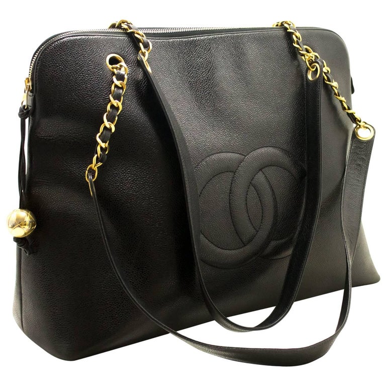CHANEL Caviar Jumbo Large Chain Shoulder Bag Black Zip Leather CC For
