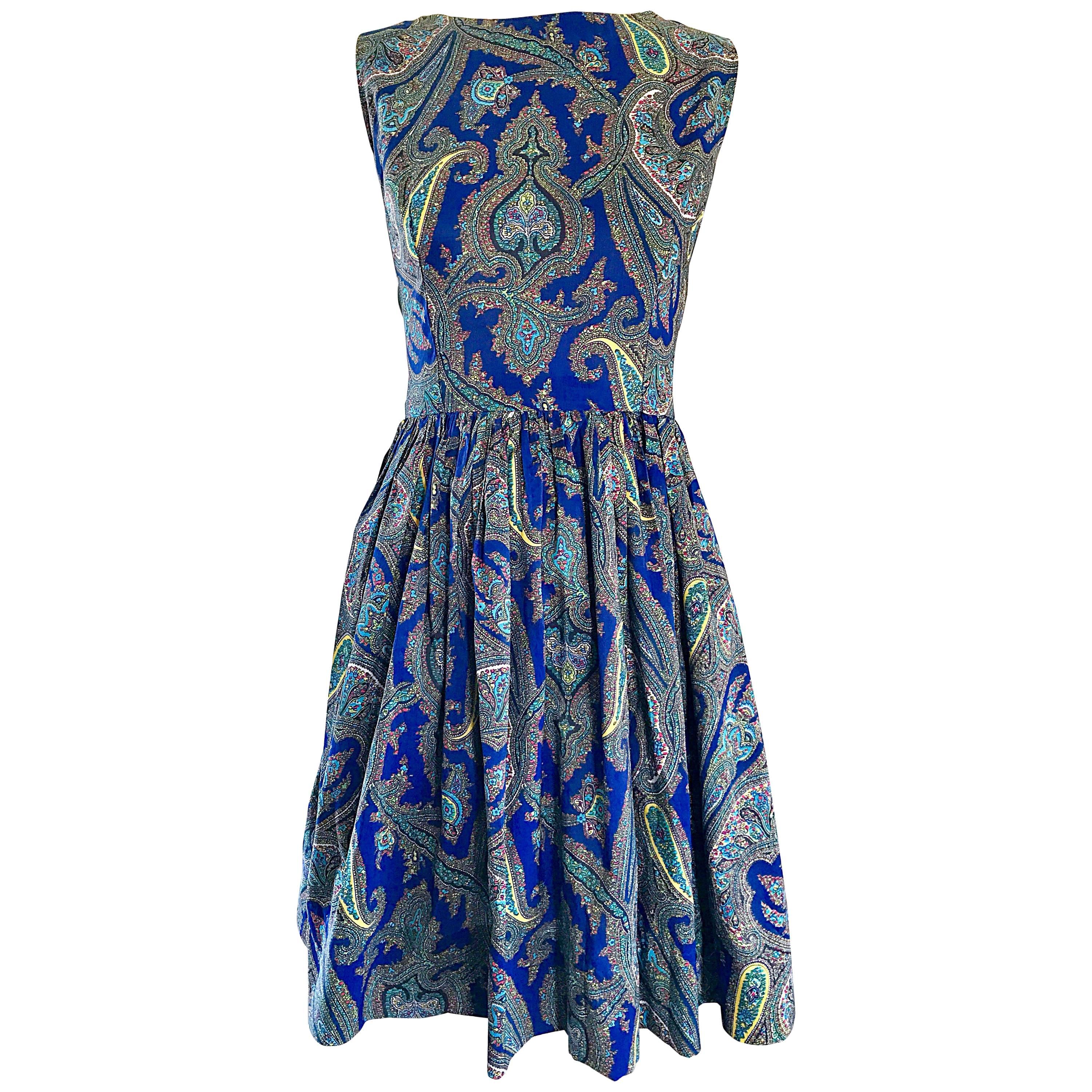 1950s Gorgeous Blue Paisley Fit n' Flare Vintage 50s Sleeveless Silk Dress For Sale
