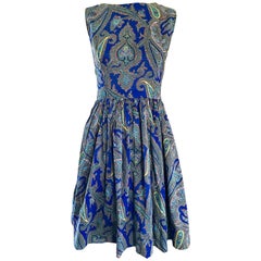 1950s Gorgeous Blue Paisley Fit n' Flare Vintage 50s Sleeveless Silk Dress