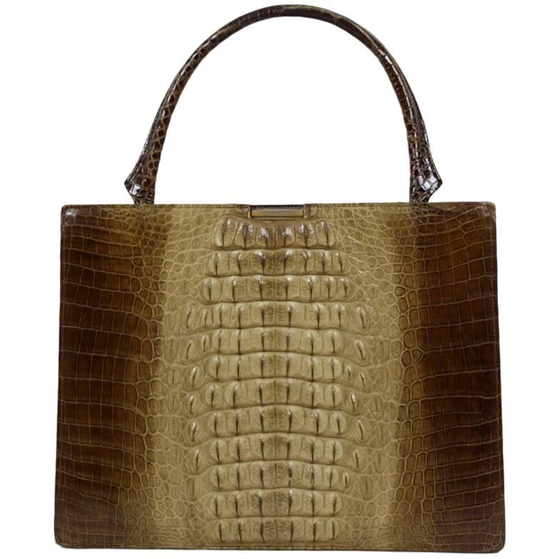 Shades of Beige and Brown Crocodile Print Leather Top Handle Bag Purse, 1960s 