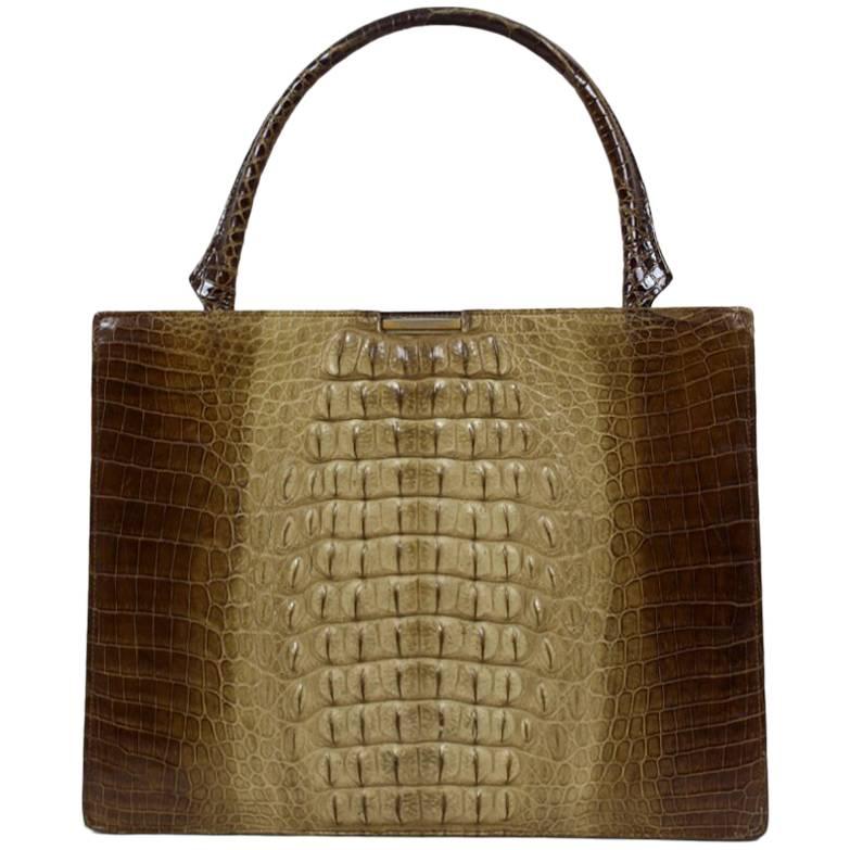 Shades of Beige and Brown Crocodile Print Leather Top Handle Bag Purse, 1960s For Sale