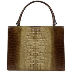 Shades of Beige and Brown Crocodile Print Leather Top Handle Bag Purse, 1960s 