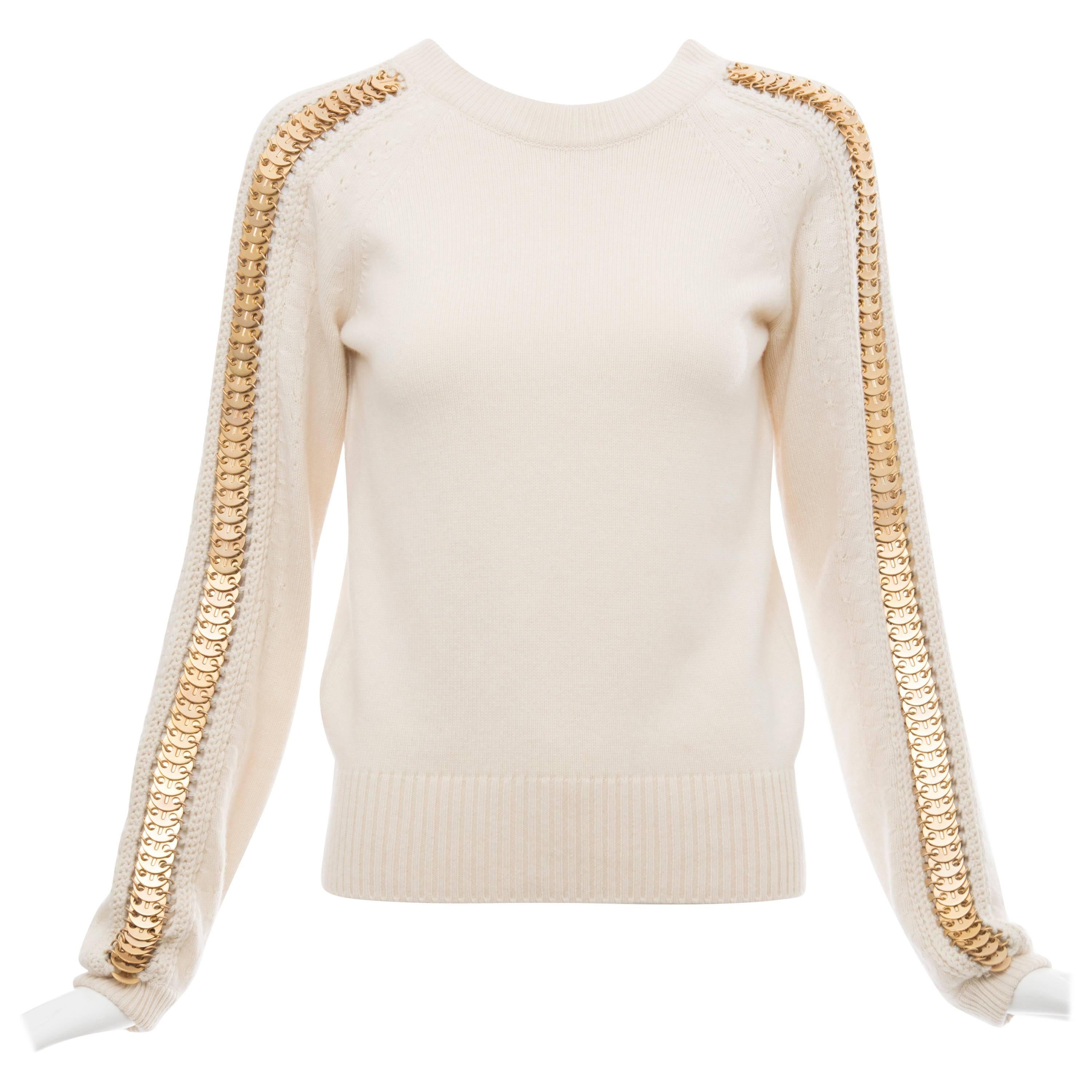 Paco Rabanne Cream Wool Cashmere Matte Gold Disc Sleeve Crew Neck Sweater  For Sale