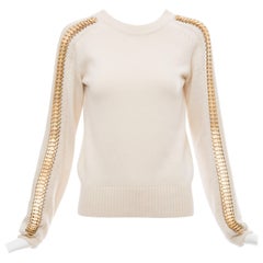 Paco Rabanne Cream Wool Cashmere Matte Gold Disc Sleeve Crew Neck Sweater 