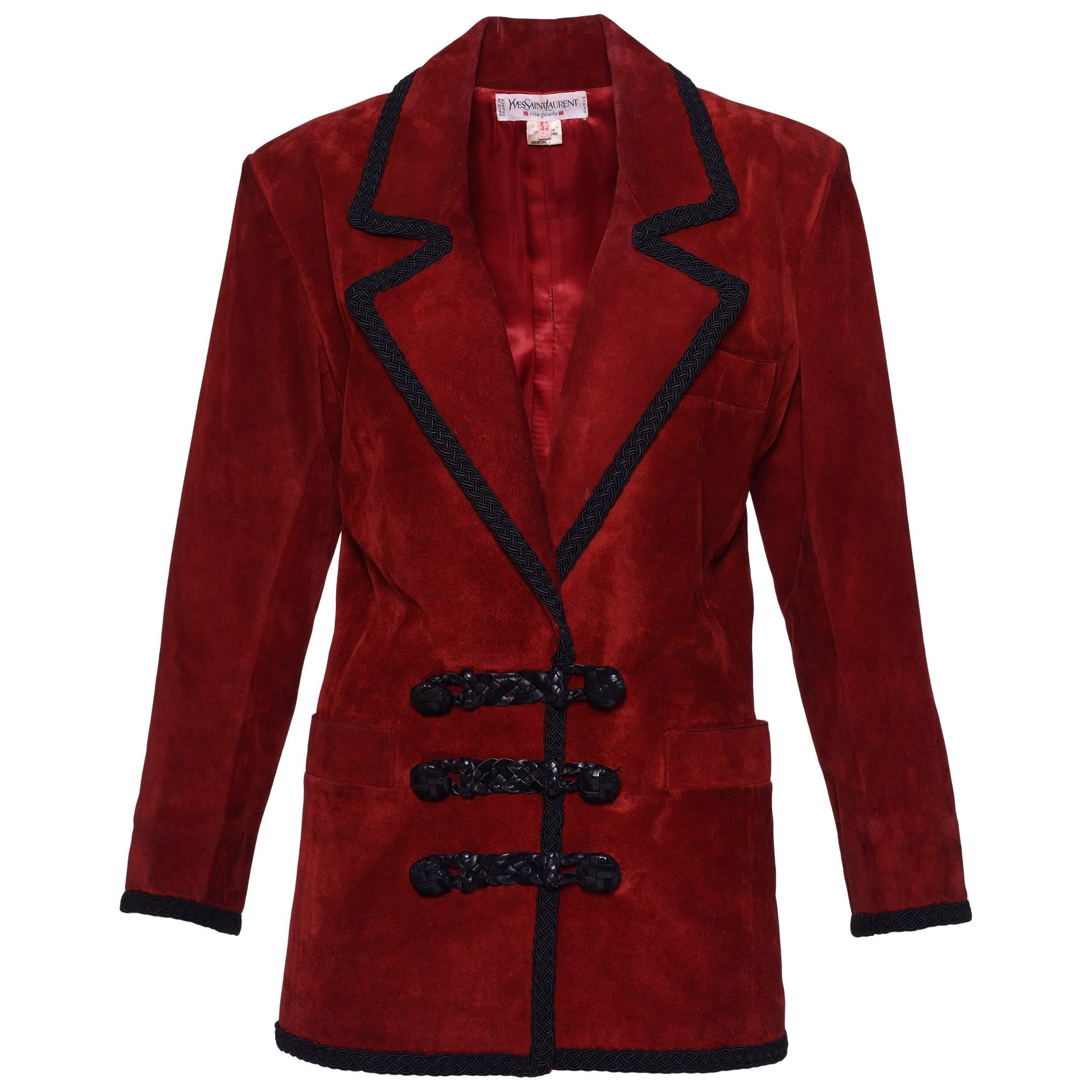 1980s YVES SAINT LAURENT Rive Gauche Red Suede Leather Jacket For Sale