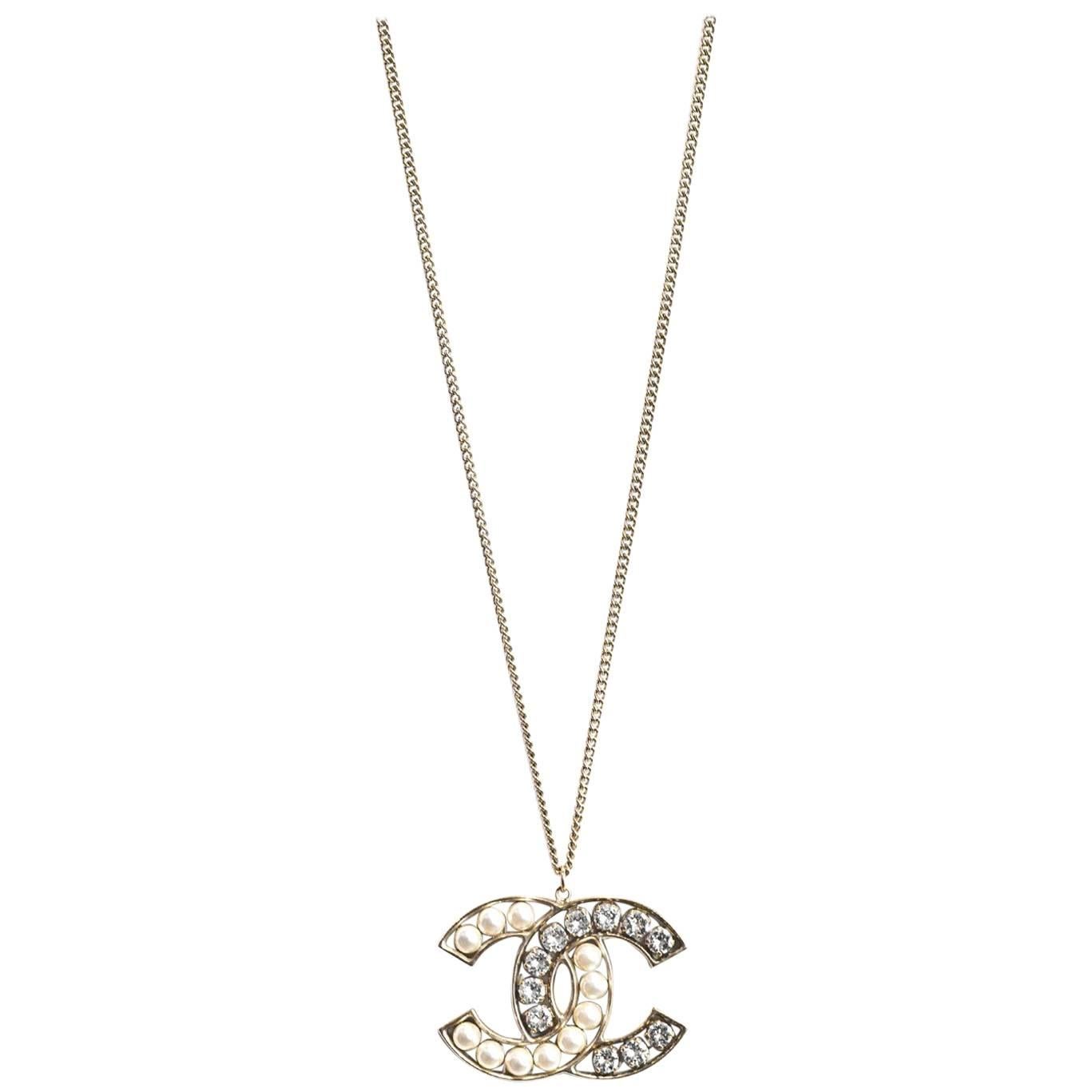 Chanel Crystal & Pearl Large CC Pendant Necklace