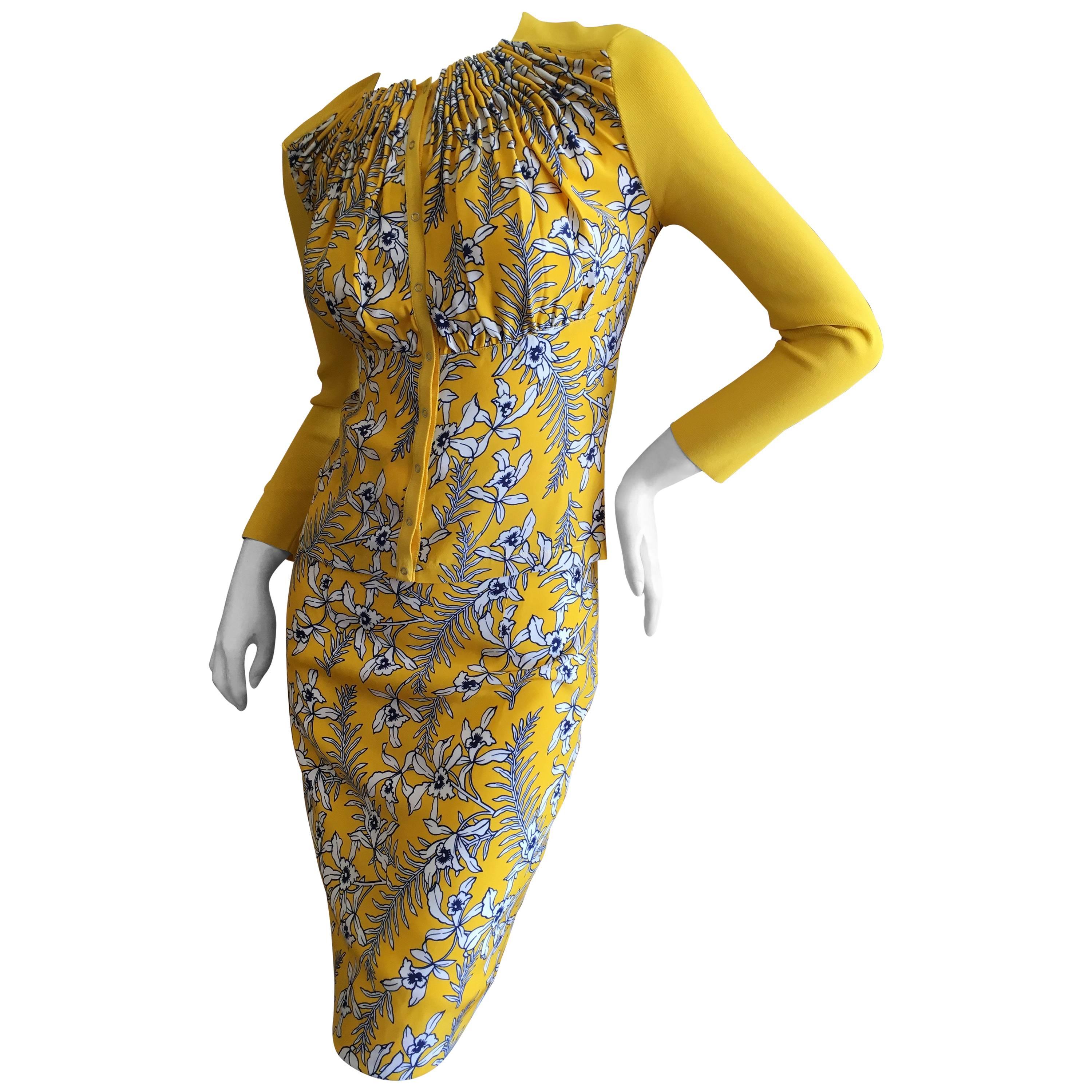 Oscar de la Renta Yellow Silk Floral Skirt Suit For Sale