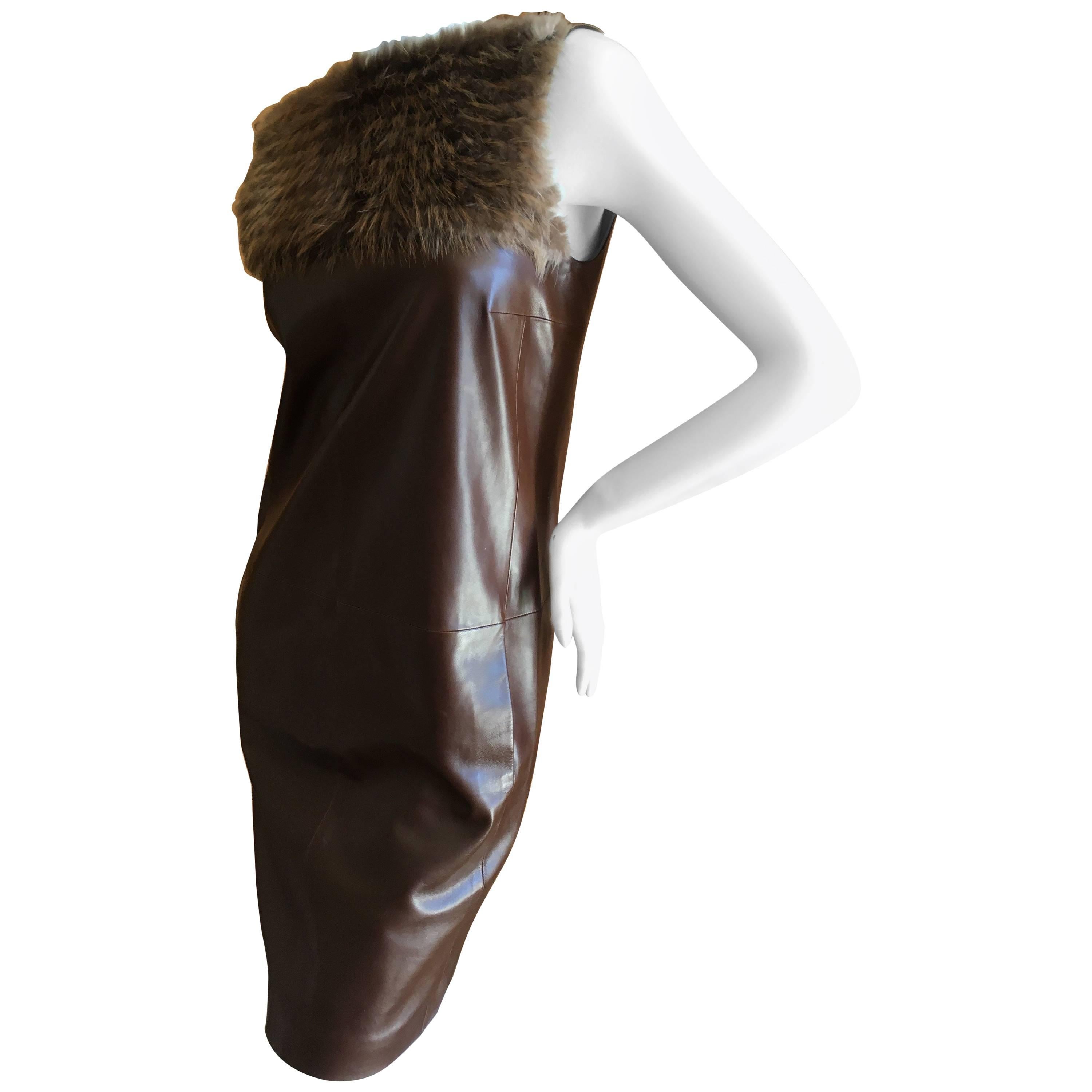 Gucci Brown and Gold Leather Sleeveless Shift Dress with Fur Trim For Sale