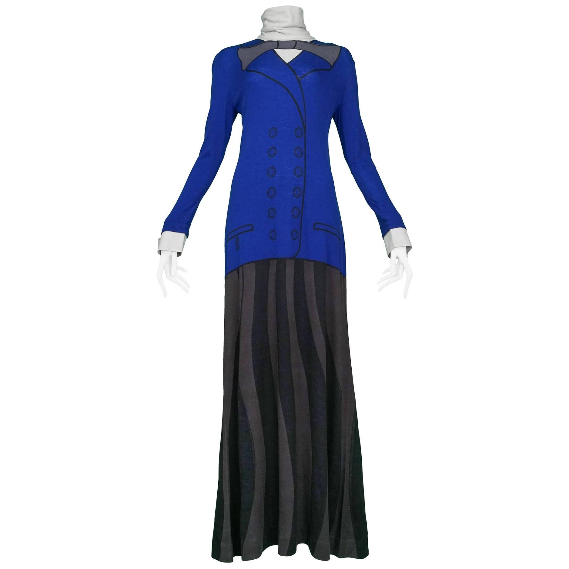 Roberta di Camerino Blue Grey & Black Bow Maxi Dress