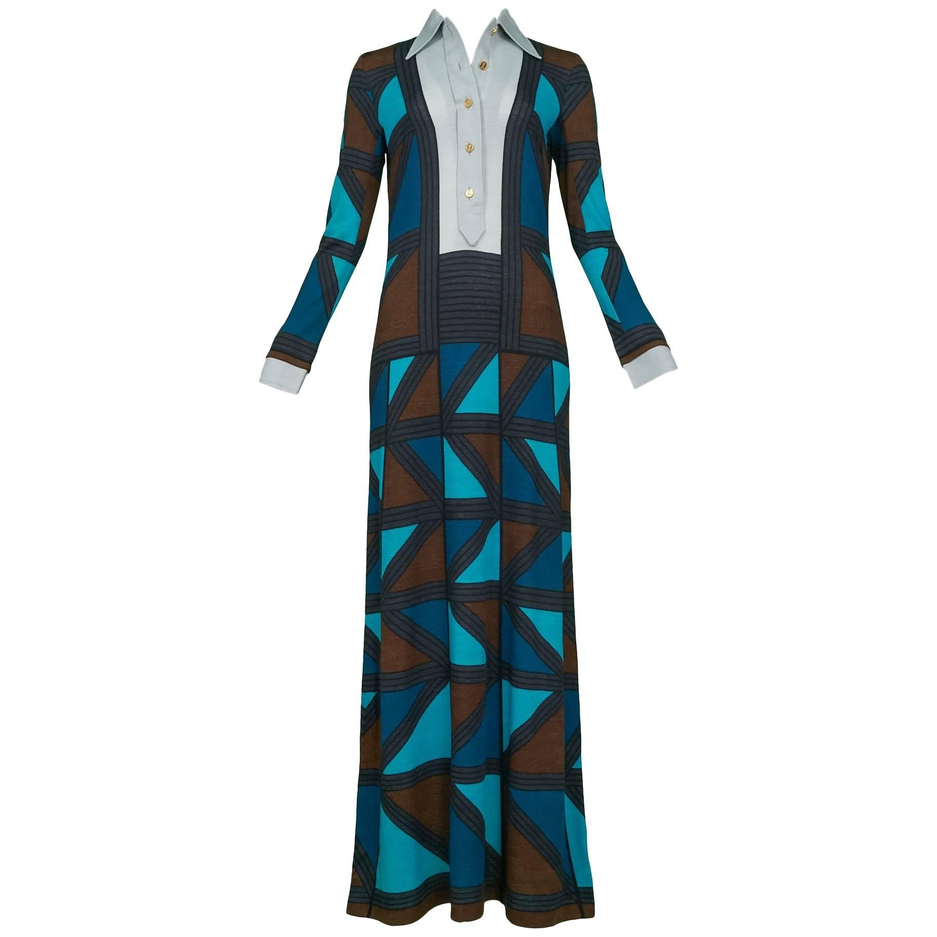 Brown Teal & Blue Color Block Maxi Dress For Sale