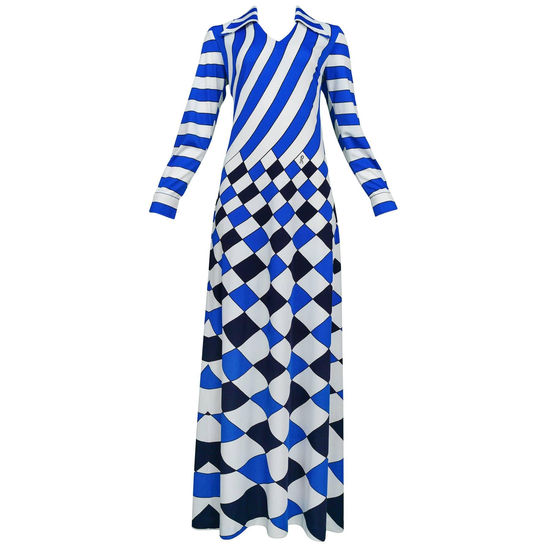 Roberta di Camerino Trompe Blue, White, & Black Check Maxi Dress