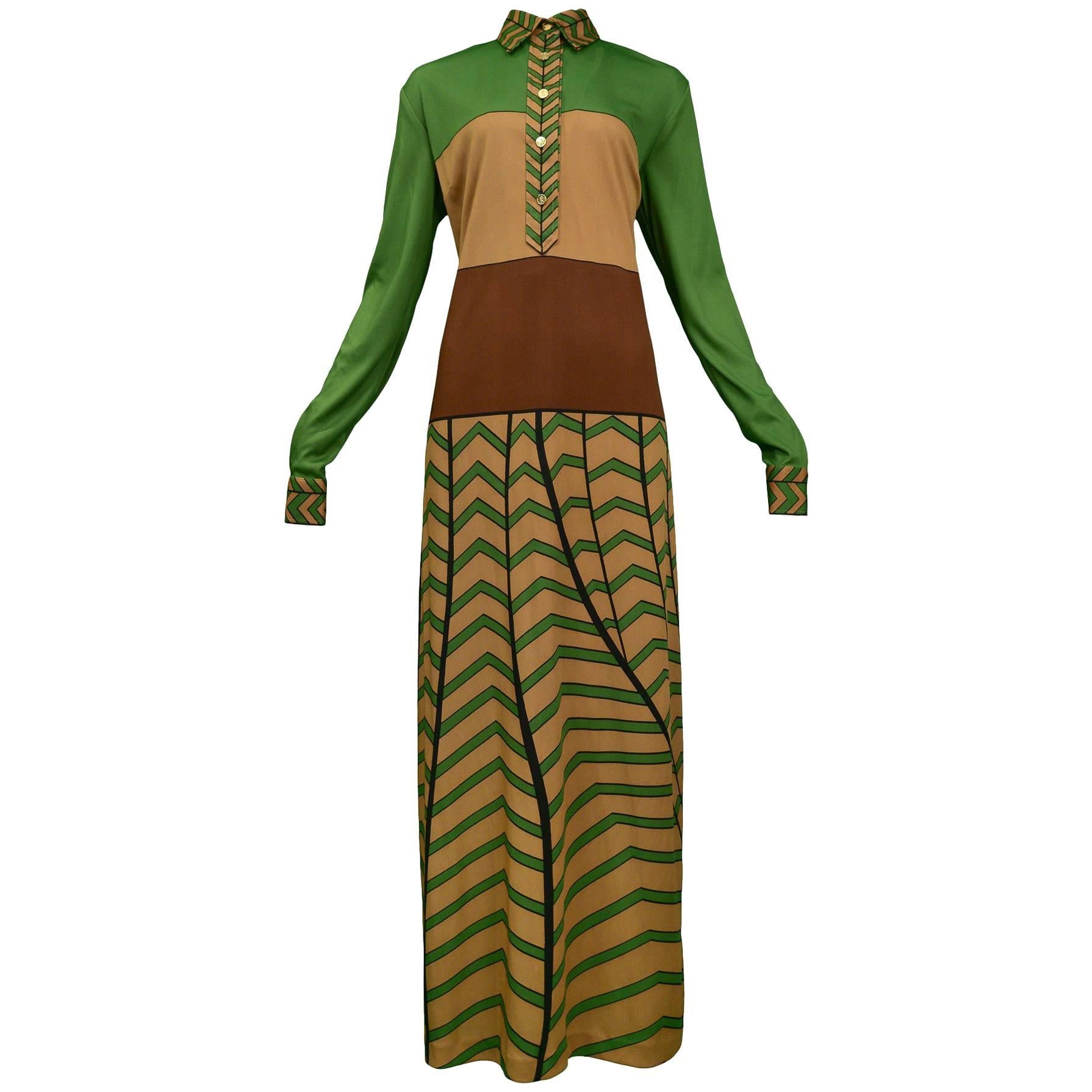 Tan Brown & Green Zig Zag Maxi Dress  For Sale