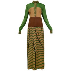 Vintage Tan Brown & Green Zig Zag Maxi Dress 