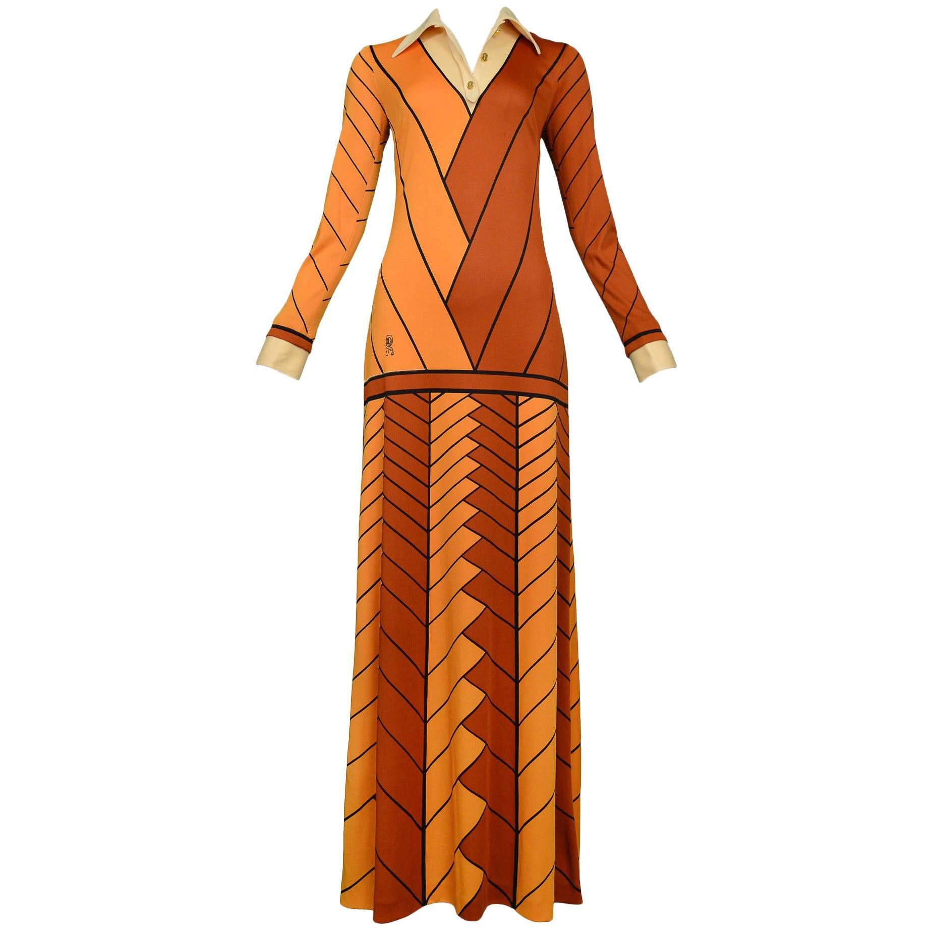 Roberta di Camerino Orange & Rust Chevron Maxi Dress 