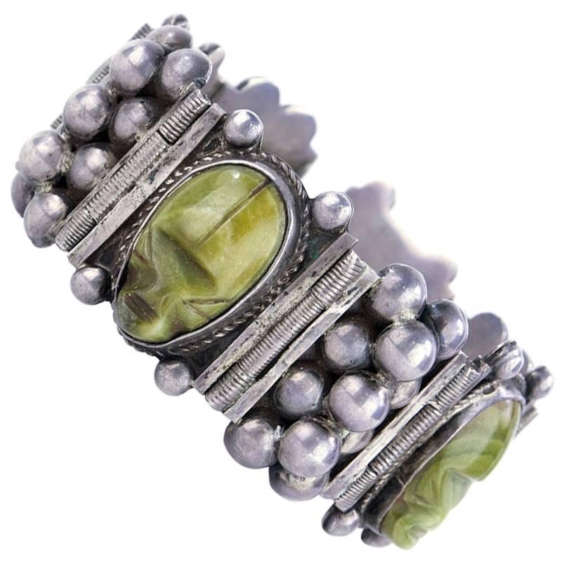 1940s Mexican Silver Bracelet with Green Agate Mask Links For Sale