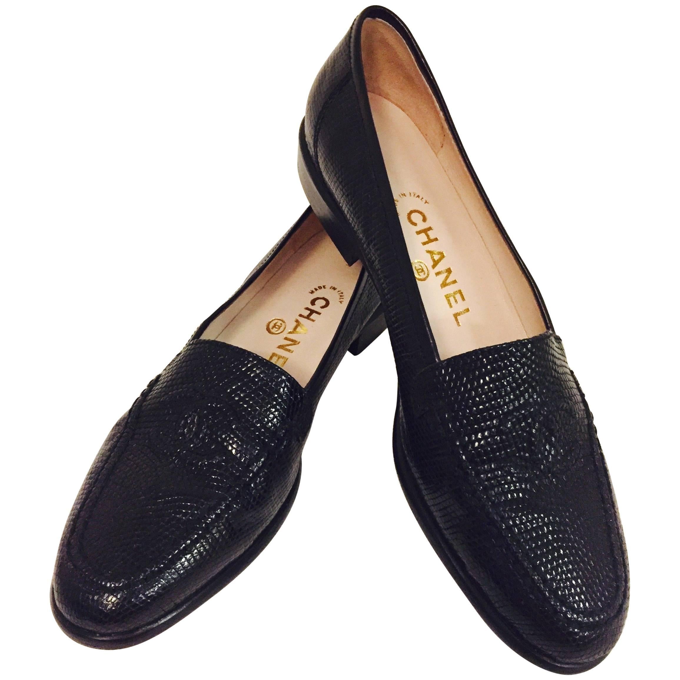 Classic Chanel Black Lizard Loafers With Stitched CC Logo 