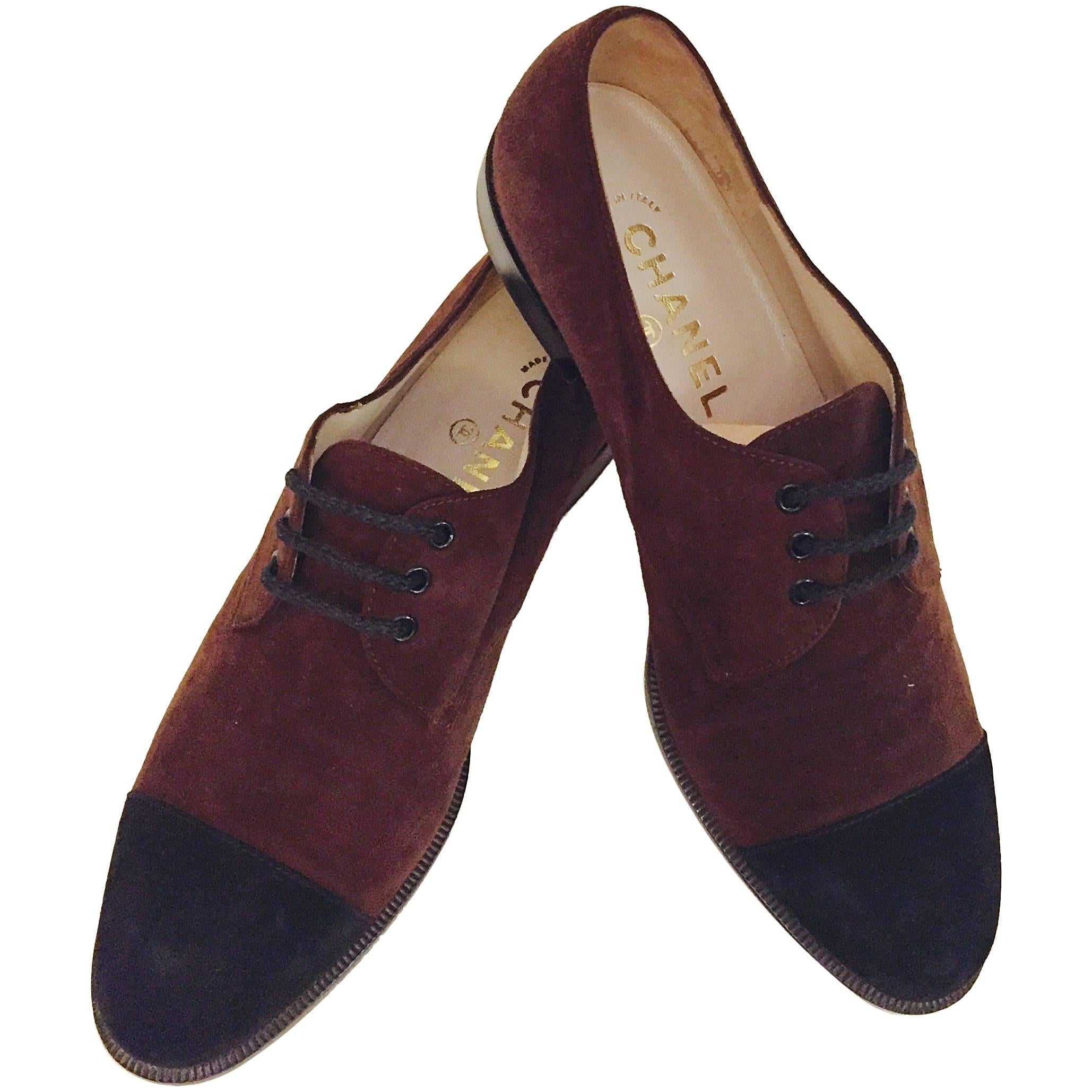 Chanel Brown Suede Oxford Shoes With Black Suede Cap Toe
