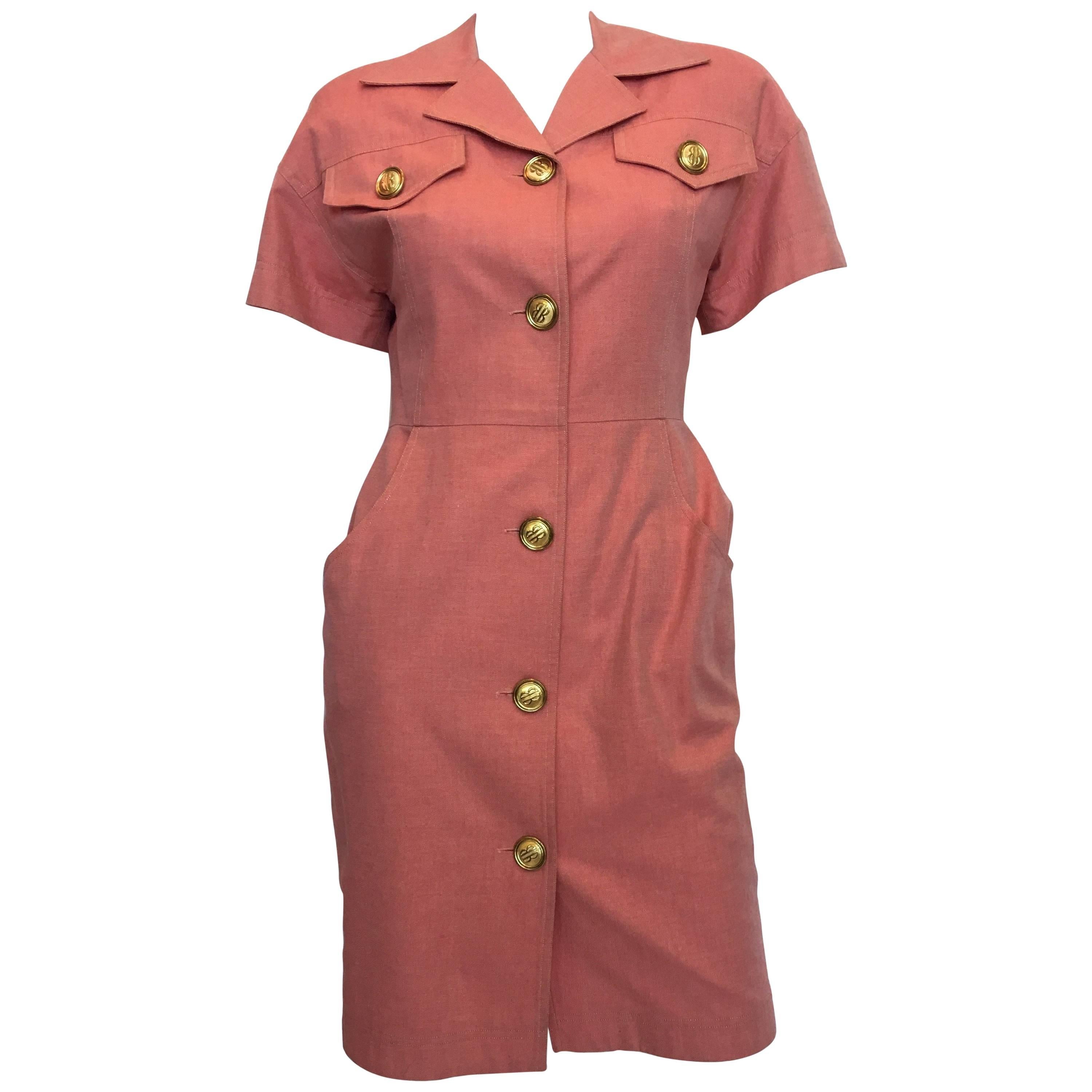 Bill Blass Salmon Pink Button Up Uniform Suit Dress, 1990s  For Sale