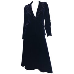 Vintage 1970s Stephen Marks Selfridges Navy Blue Embroidered Cotton Velvet Skirt Suit