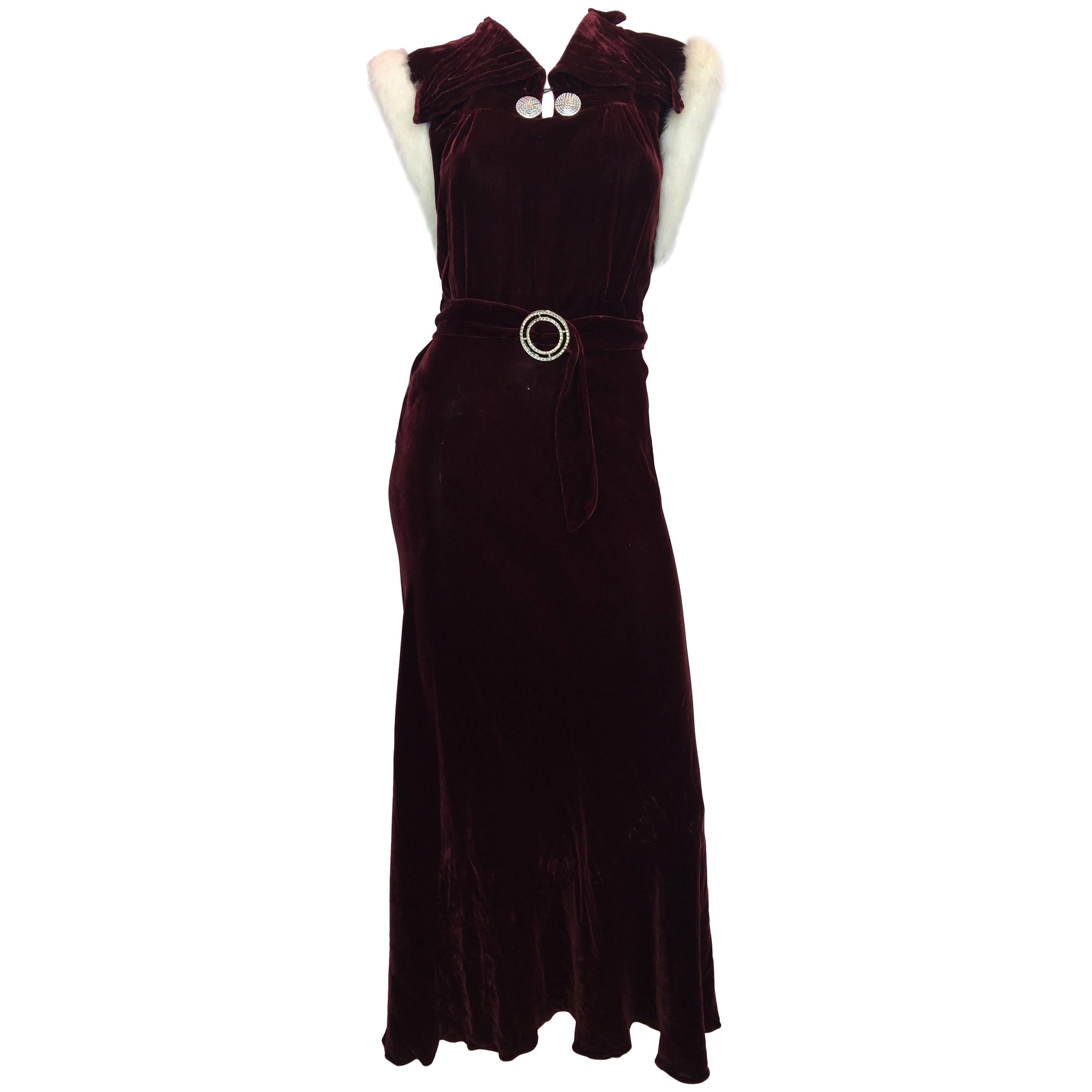 1930's Burgundy Velvet Dress with Rabbit Fur Trimmed Sleeves For Sale