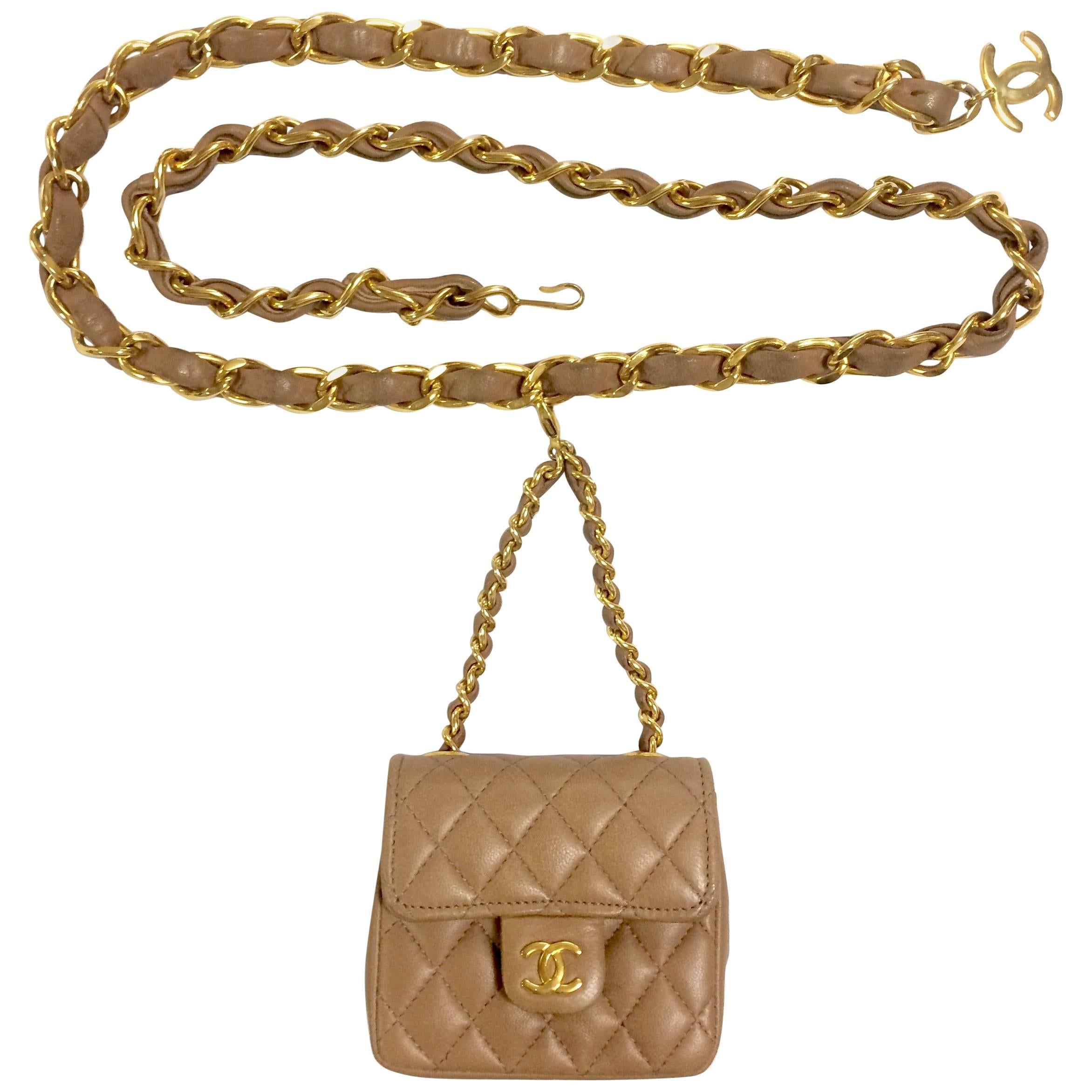 Vintage CHANEL brown lambskin mini 2.55 bag charm chain leather belt with CC.