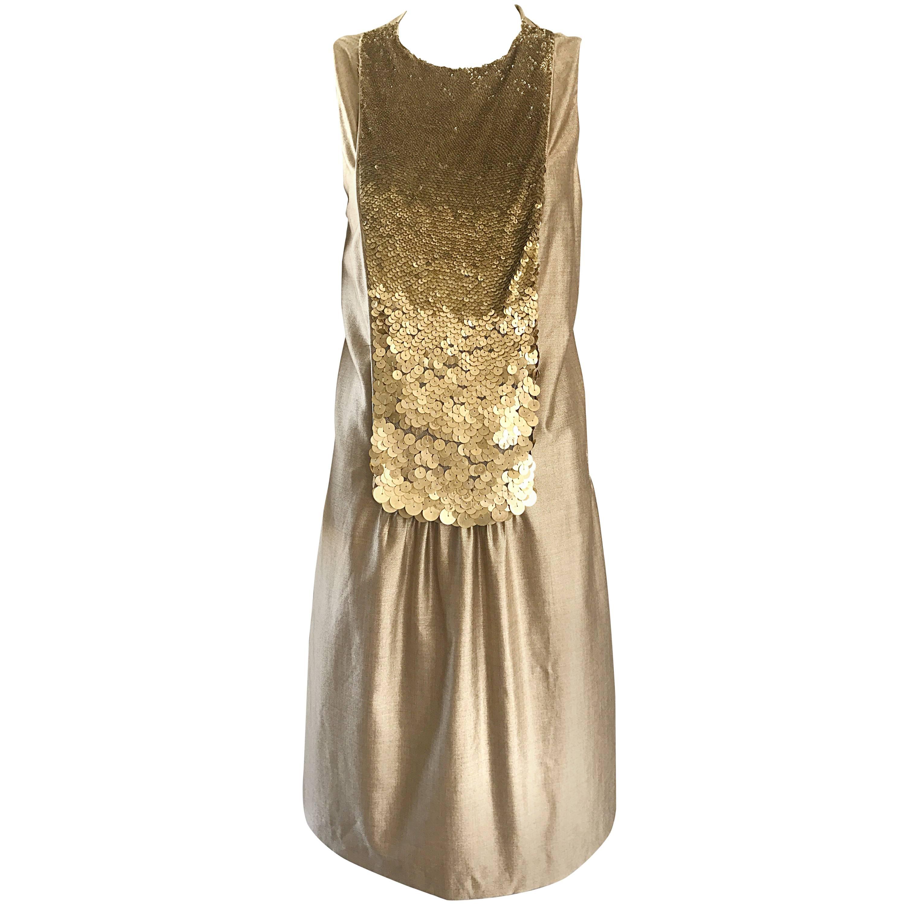 Luca Luca Size 42 / 12 Gold Metallic Silk Deco Style Sequin Bib 20s Style Dress For Sale