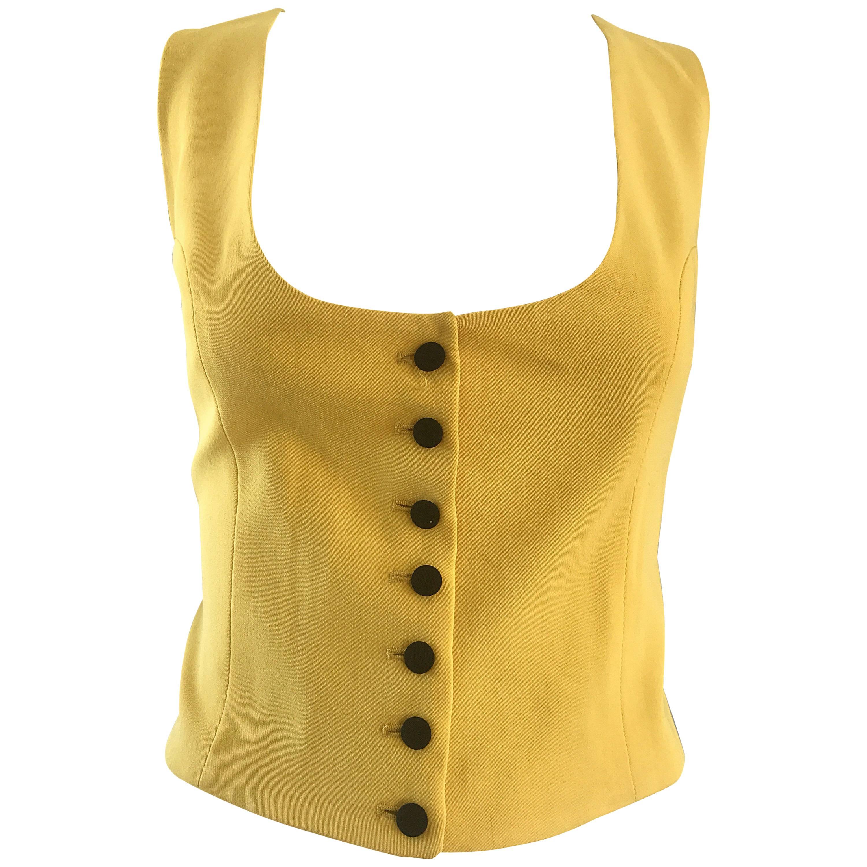 1990s Moschino COUTURE Size 10 Yellow Wool + Silk Vintage Cropped Waistcoat Vest