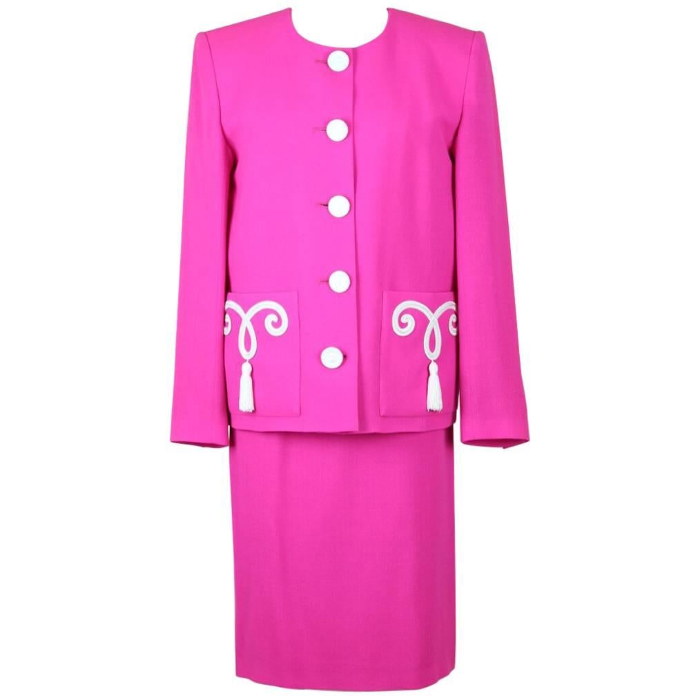 Yves Saint Laurent YSL Pink Passementerie Tassel Jacket And Skirt Suit, 1990s