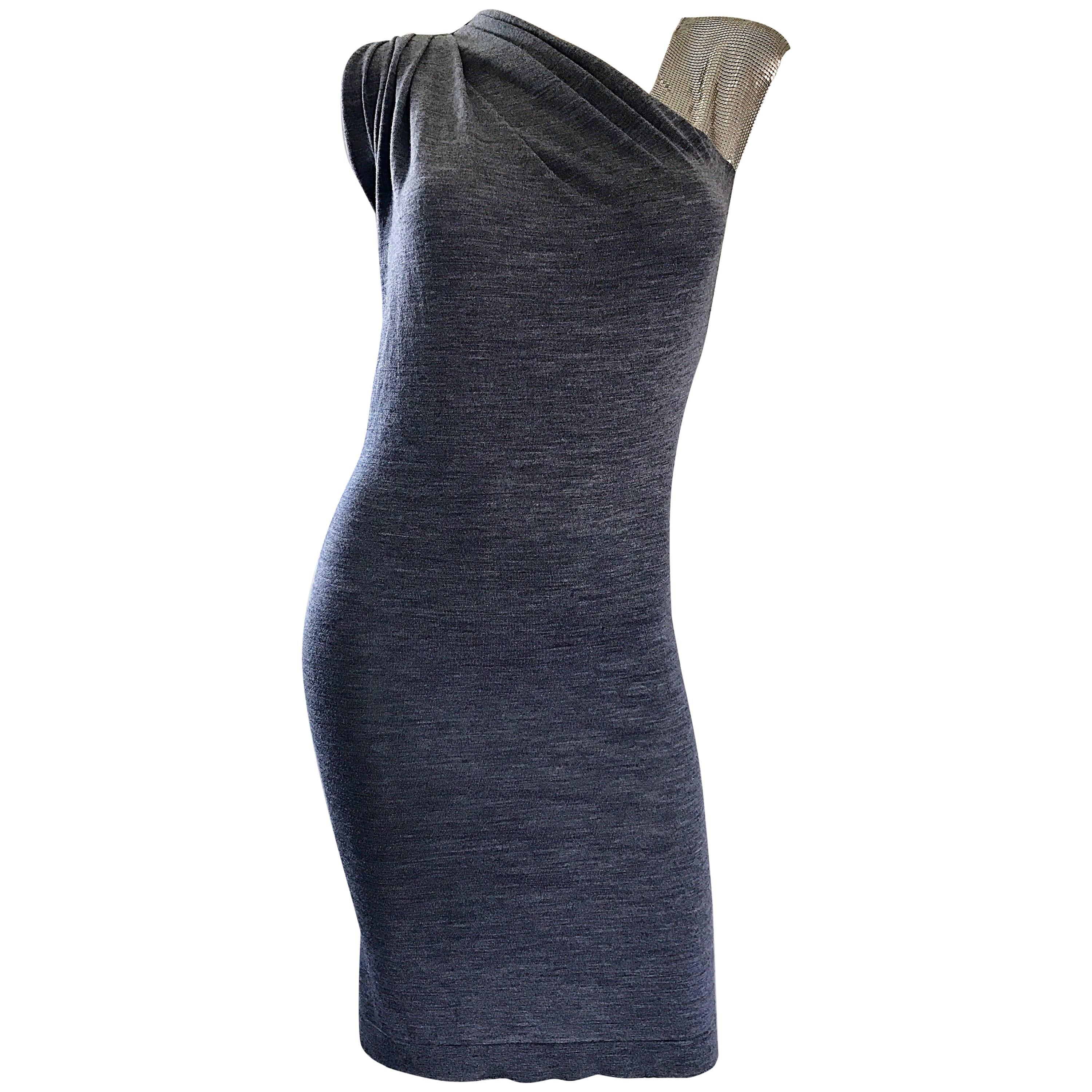 NWT Pierre Balmain Sz 40 / 8 Chainmail One Shoulder Grey Wool Metal Mesh Dress For Sale