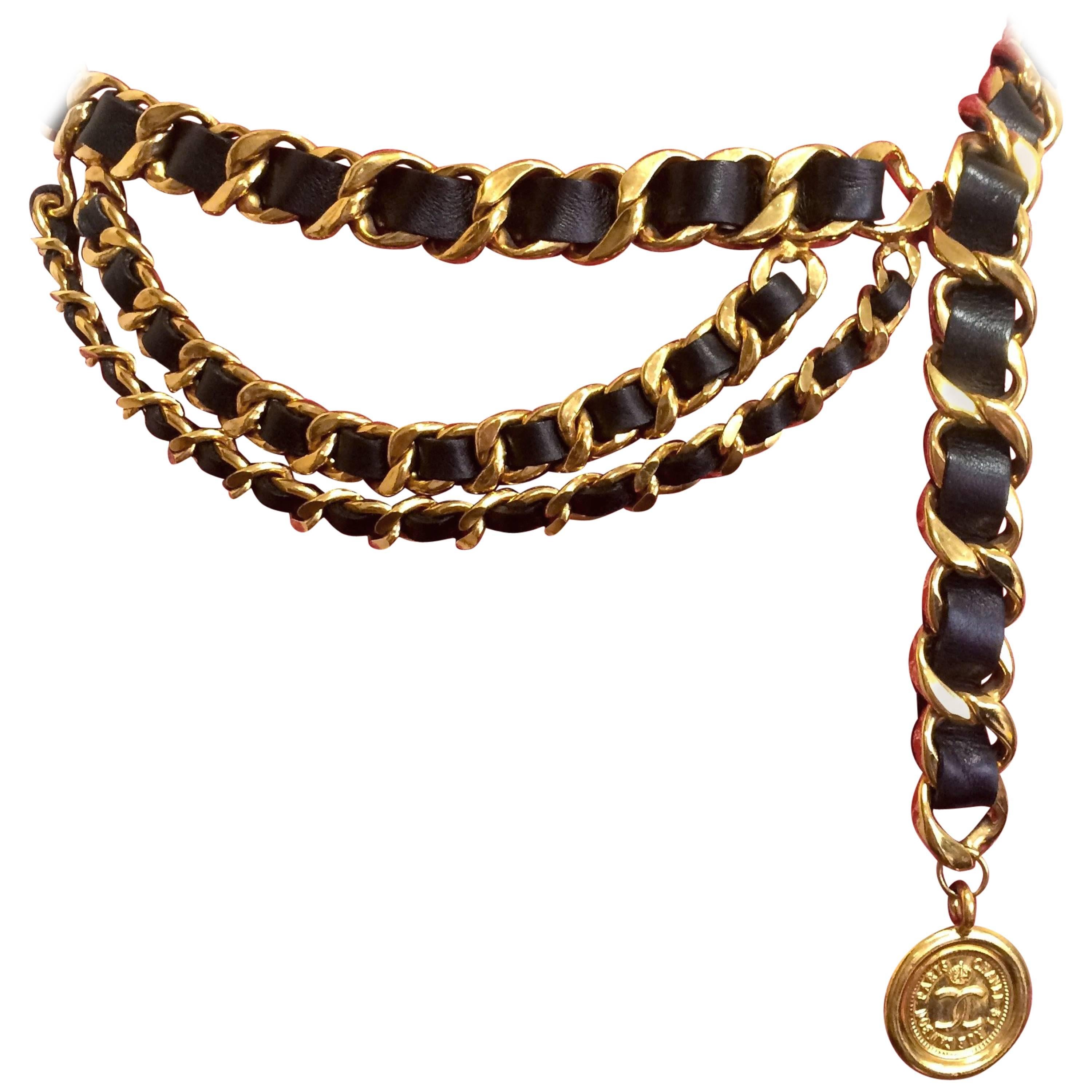 Vintage CHANEL black leather golden chain belt with CC and