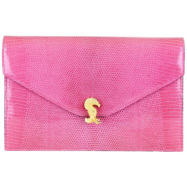 Asprey Pink Lizard Clutch With Gold Hardware And Optional Strap