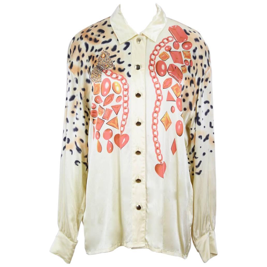 Escada 1991 Documented Light Yellow or Gold Animal And Gem Print Silk Blouse For Sale