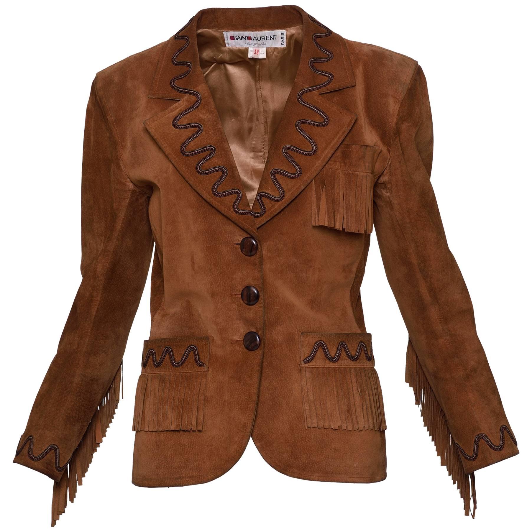 YVES SAINT LAURENT Rive Gauche Brown Suede Leather Fringe Jacket For Sale
