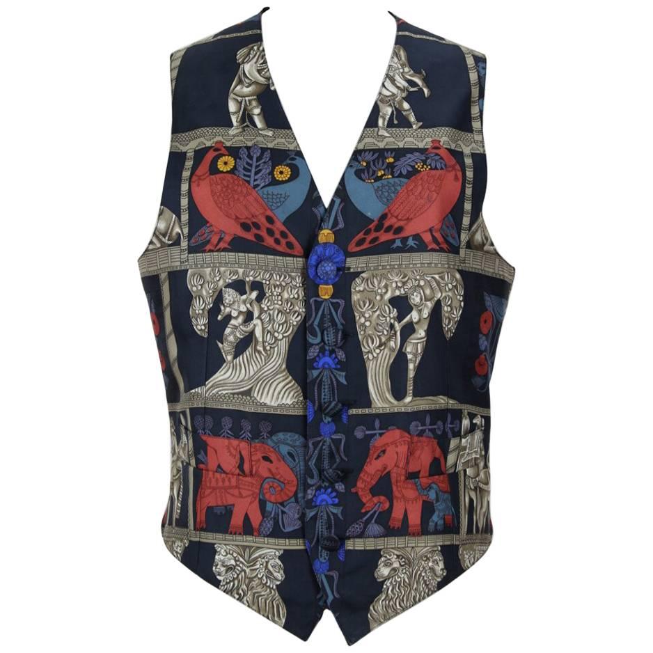 Hermès "Torana" Print Scarf Silk Gentleman's Waistcoat Vest, 1980s