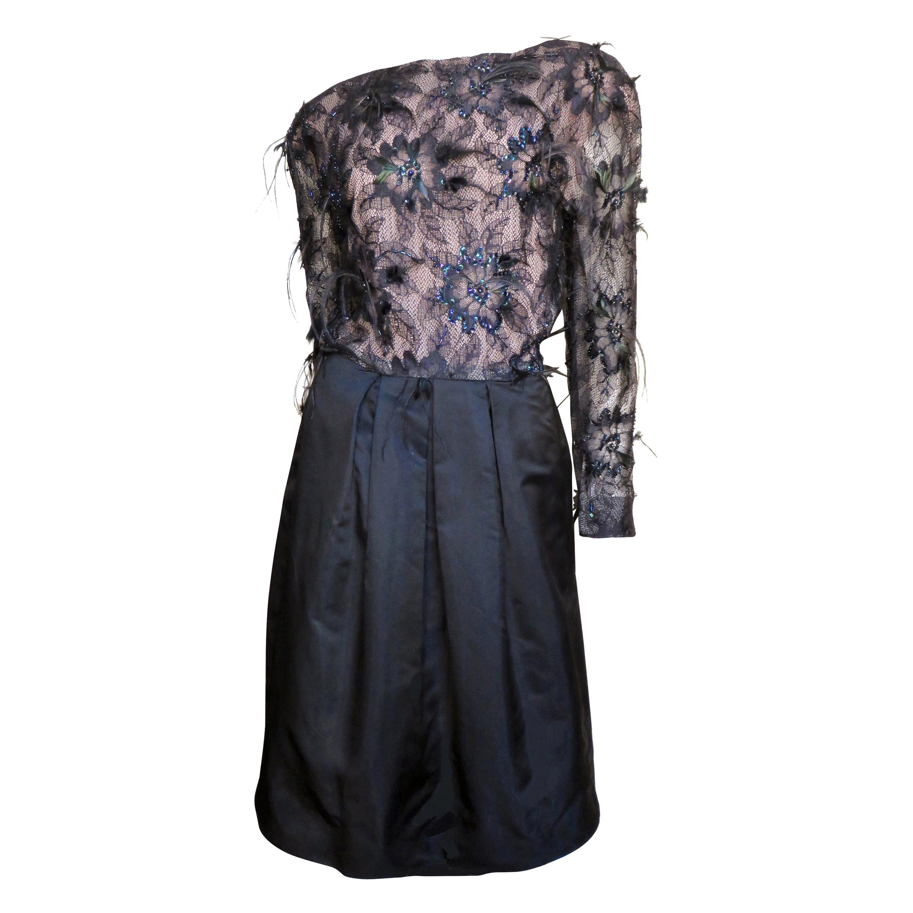 Scaasi Boutique Vestido con detalles de cuentas de plumas Años 80 en venta