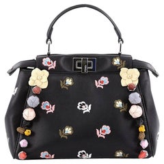 Fendi Peekaboo Handbag Embroidered Leather with Floral Applique Mini
