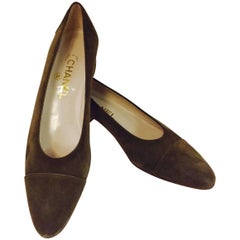 Classic Chanel Brown Suede Pumps With Monotone Cap Toes