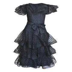 Vintage Scaasi Boutique Silk Ruffle Off Shoulder Dress 1980s