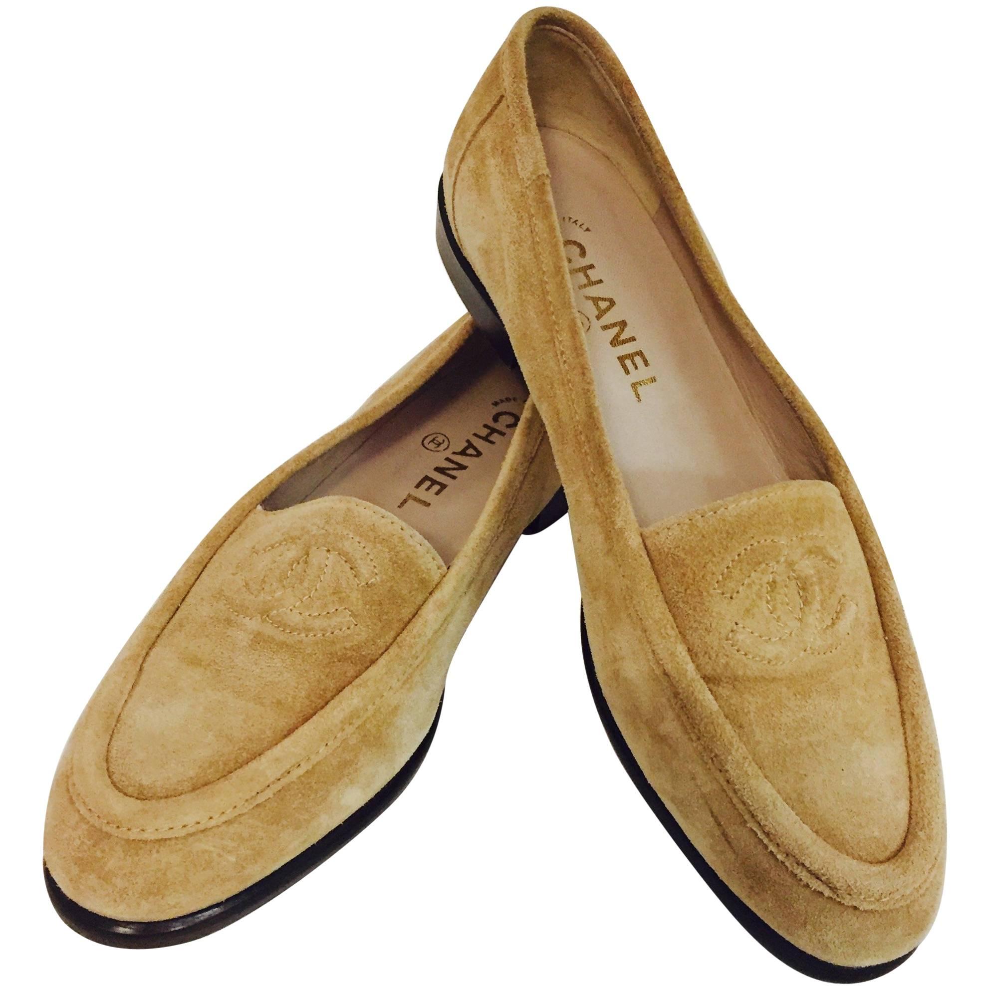 Casual and Chic Chanel Beige Suede Loafers With Stitched CC Logo