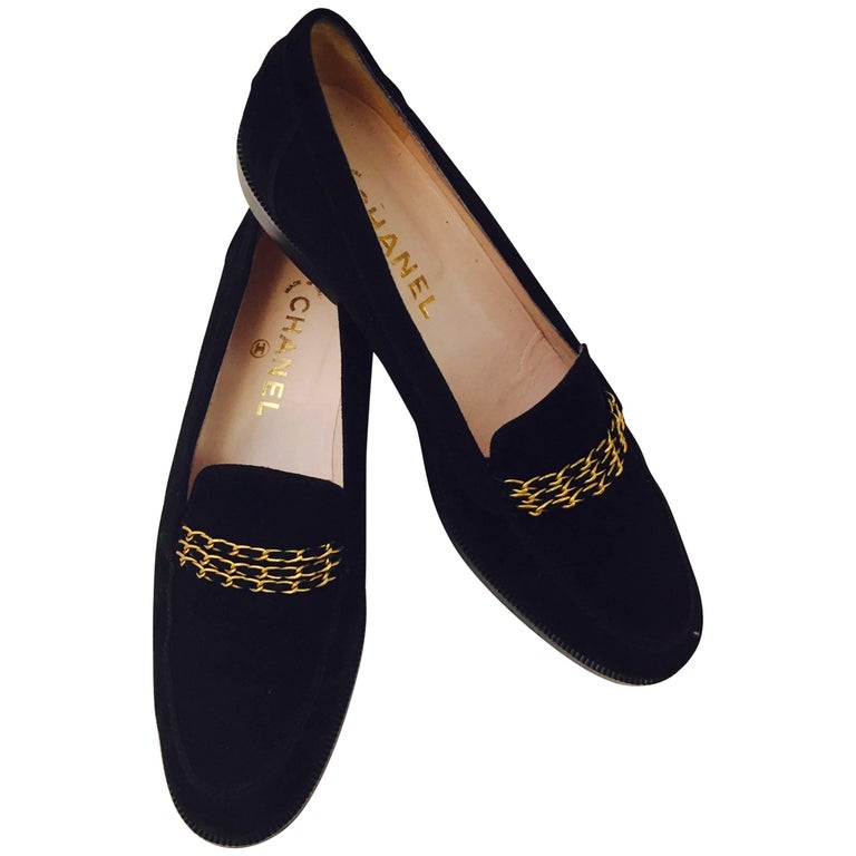 Celebrated Chanel Classic Black Loafers With Iconic Chanel Chain ...
