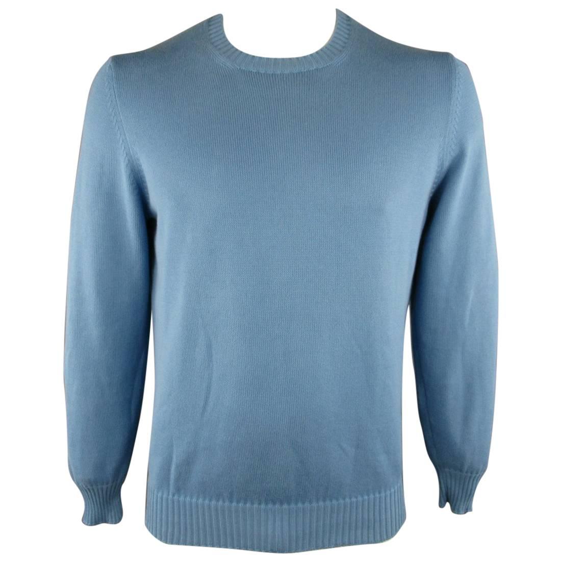 Men's BRUNELLO CUCINELLI Size L Blue Solid Cotton Knit Crewneck Pullover