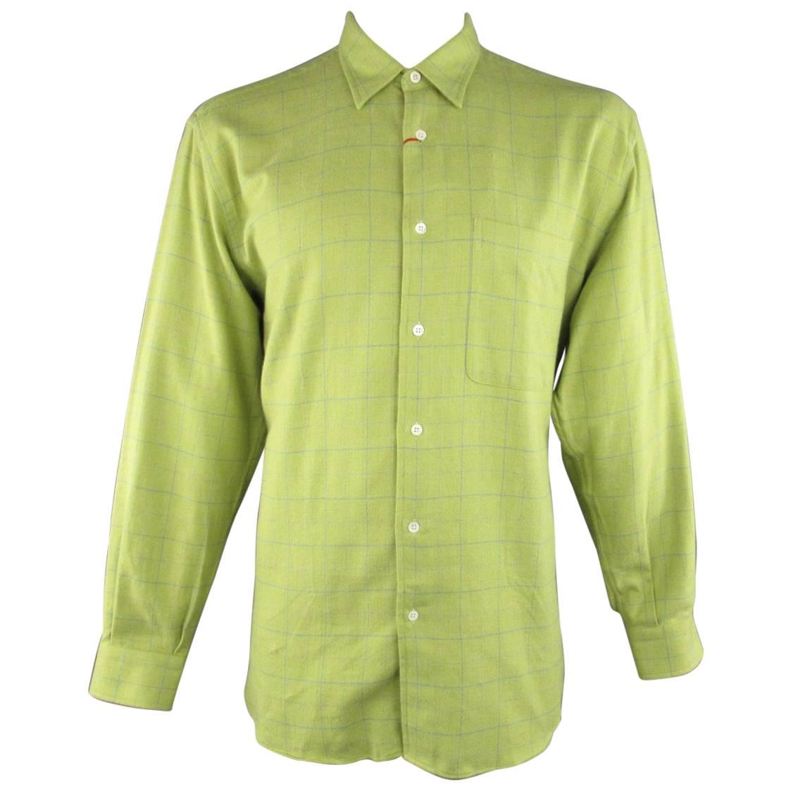 Men's BRIONI Sport Size L Green Window Pane Cotton Flannel Long Sleeve Shirt