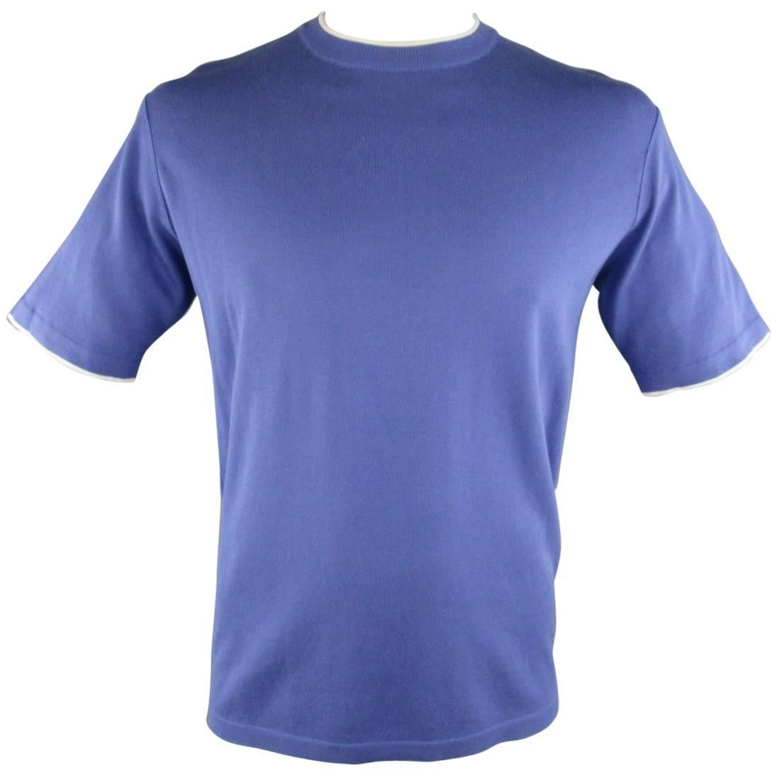 Men's BRIONI Size L Blue Cotton Pique Knit White Striped Bands T-shirt