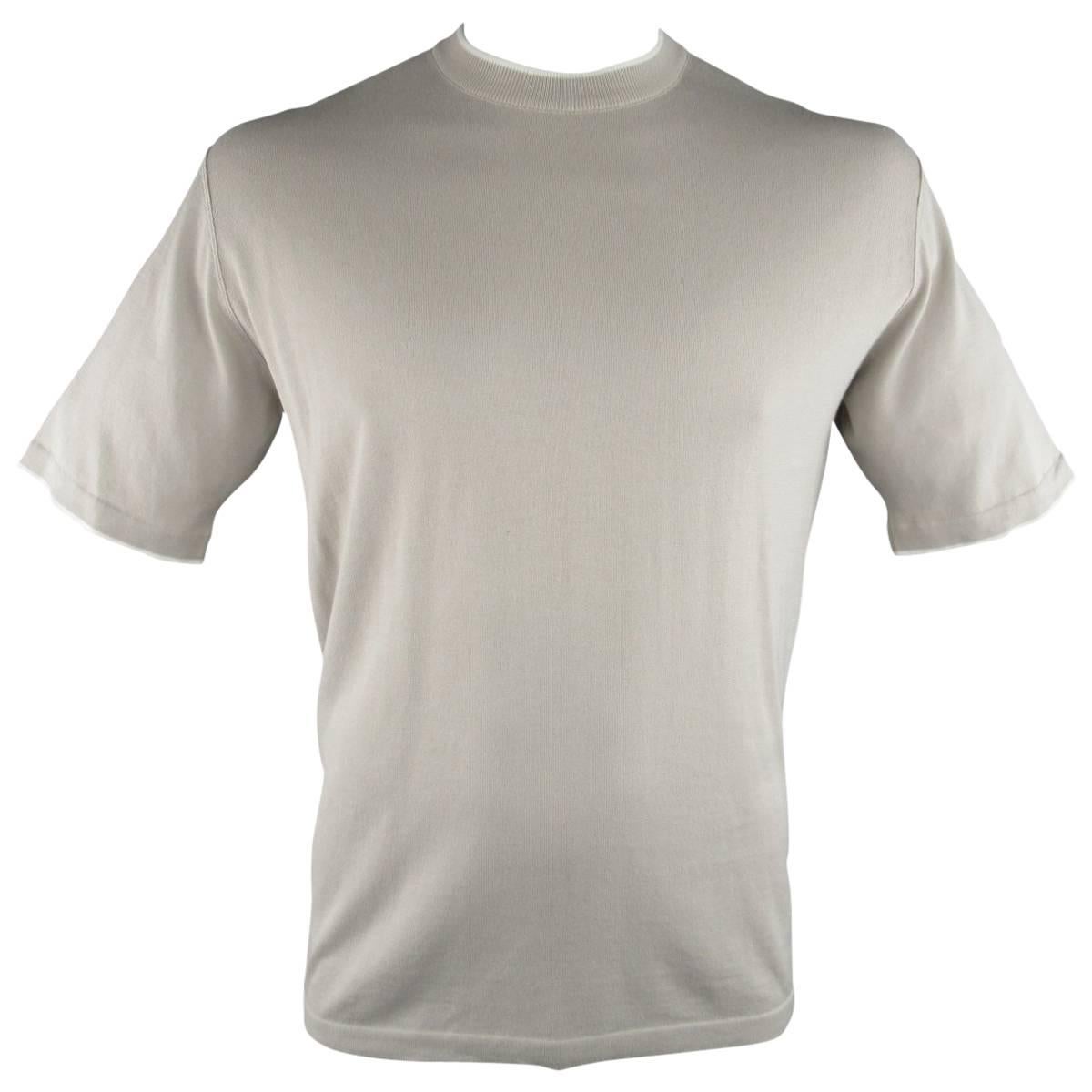 's NWT BRIONI Size L Beige Cotton Pique Knit White Trim T-shirt