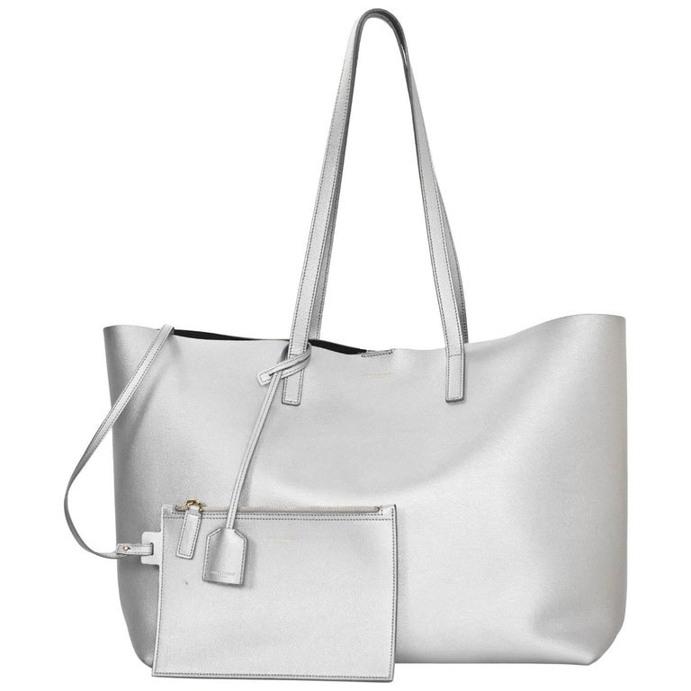Saint Laurent Silver Leather Large Shopping Tote Bag w/ Insert For Sale at 1stdibs
