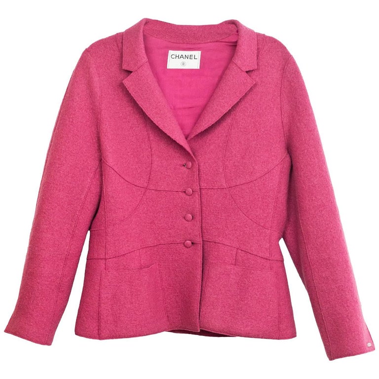Chanel Pink Boiled Wool Button Up Jacket For Sale at 1stDibs | pink ...