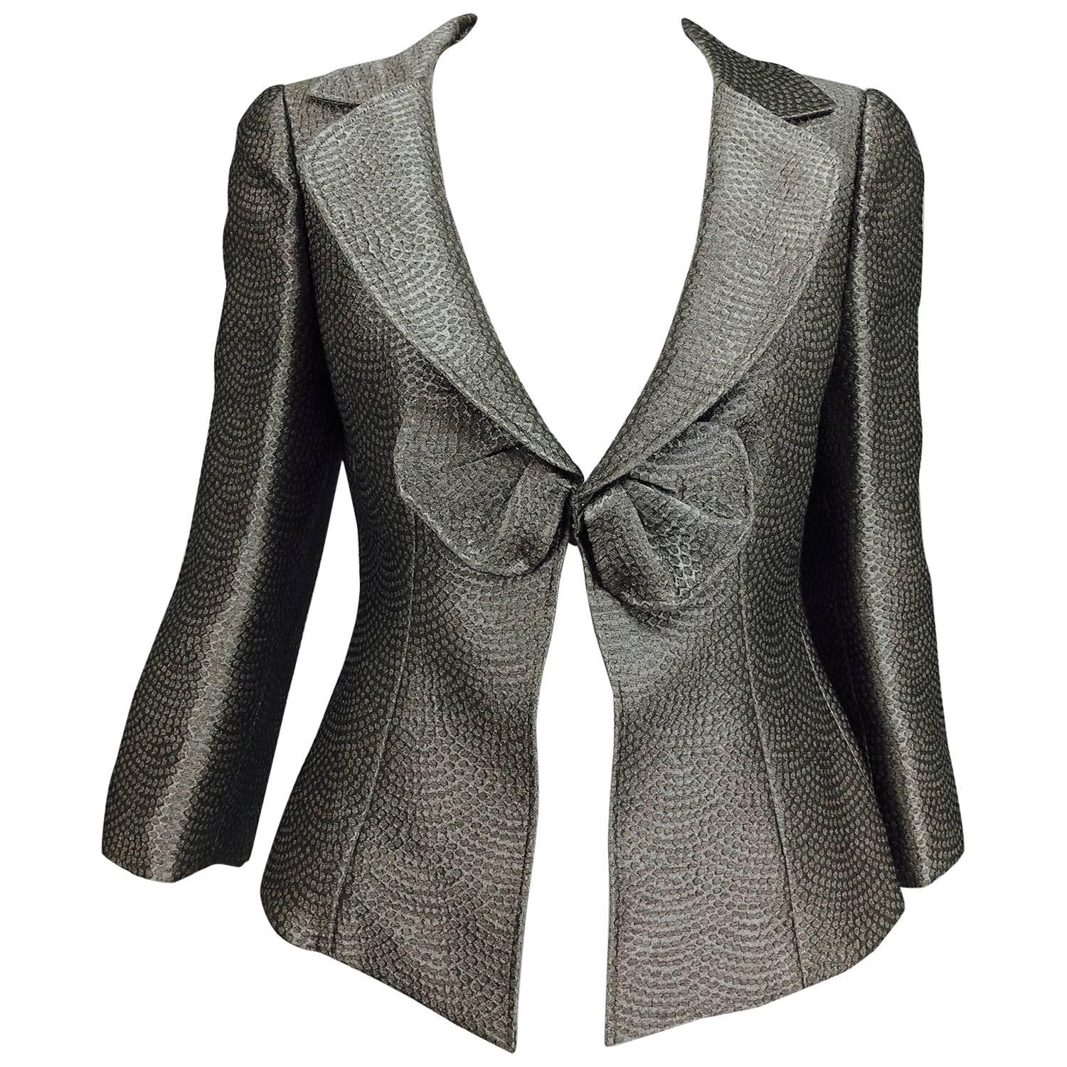 Armani Collezioni textured silver metallic plunge bow front jacket 