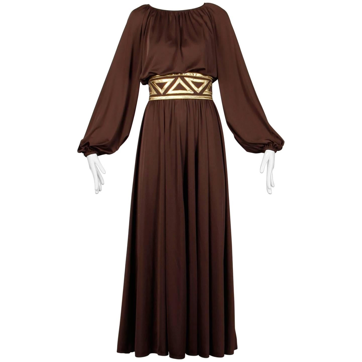 1970s Rizkallah for Don Friese Ltd. Brown Grecian Jersey Knit Maxi Dress or Gown